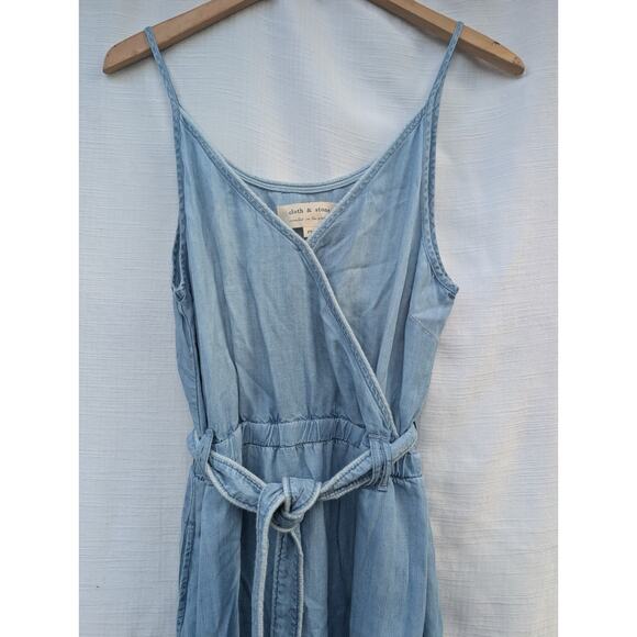 Anthropologie Cloth & Stone Women's Chambray Tank Dress Sz PM Belt Tie Midi Slit - Picture 2 of 8